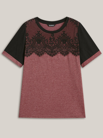 Stretchy Scalloped Lace Color Contrast T-Shirt