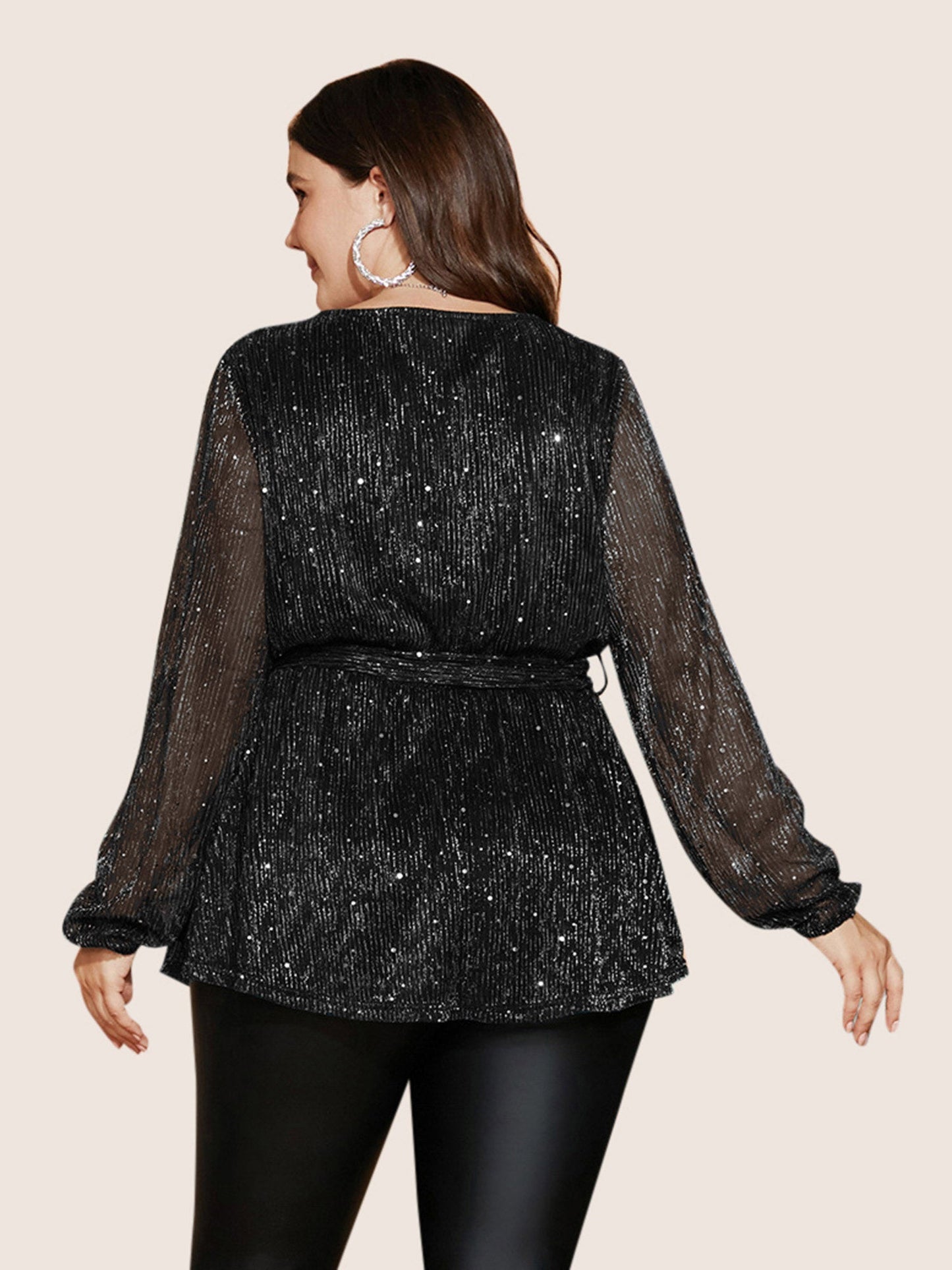 Sequin Mesh Lantern Sleeve Wrap Belted Striped Blouse