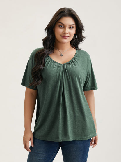 Pleated Plain Half-Sleeve Knit Top