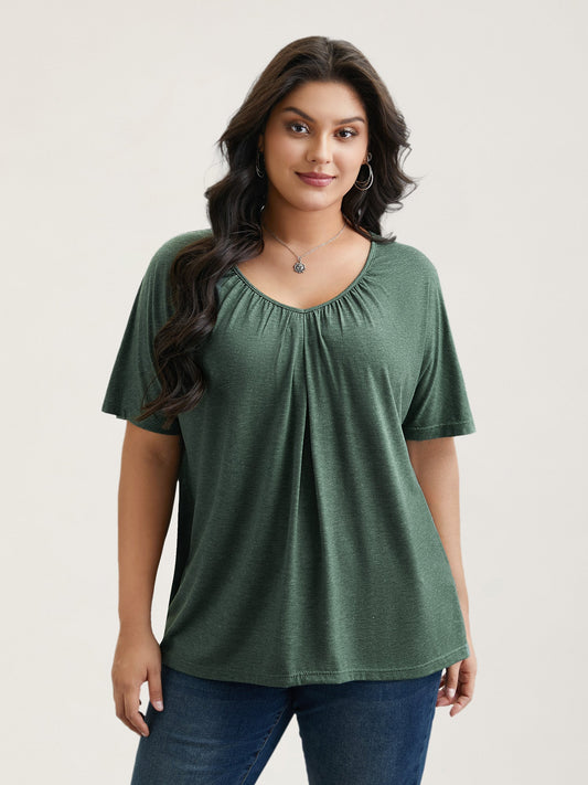 Pleated Plain Half-Sleeve Knit Top