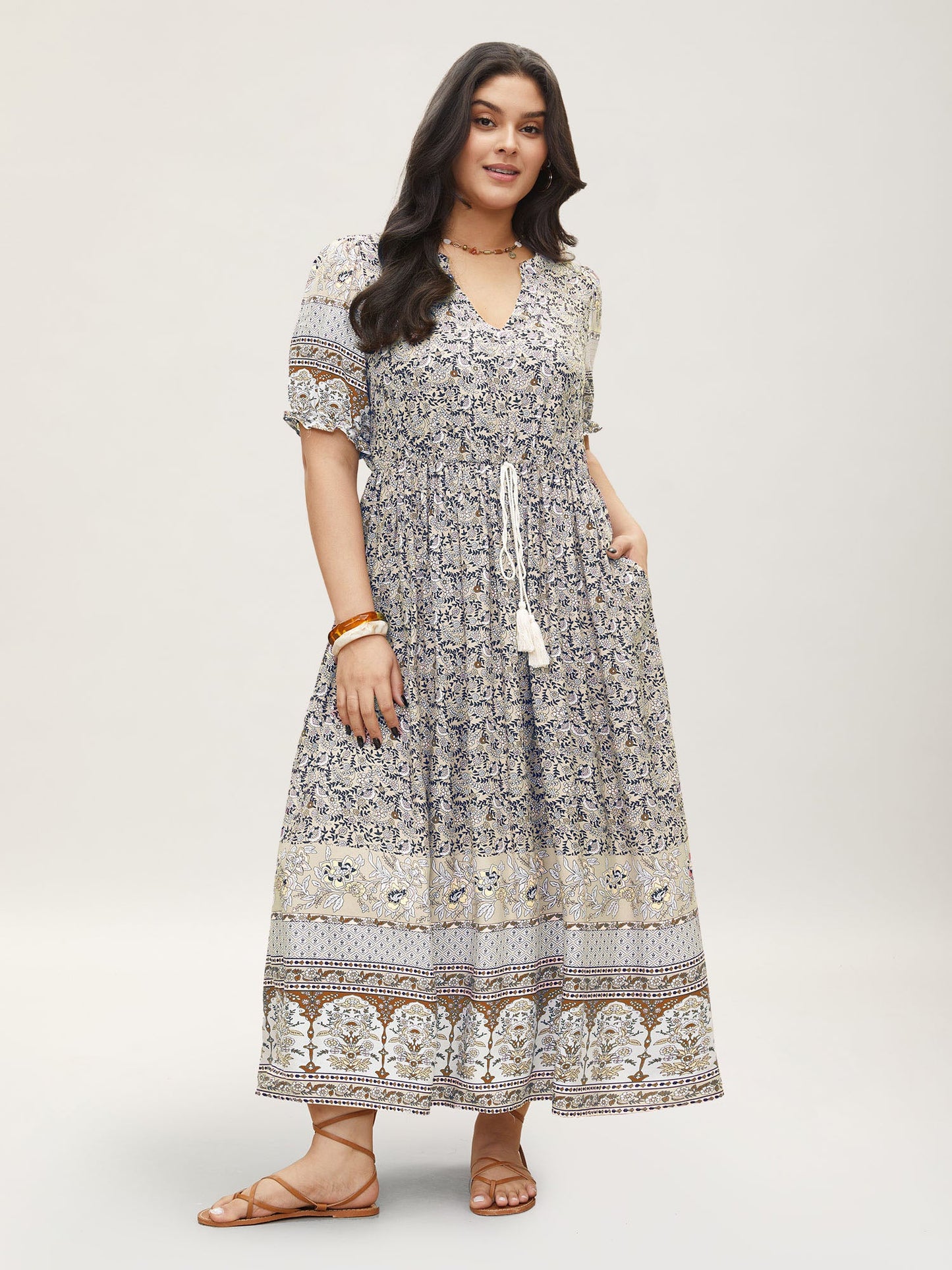 Boho Print Notched Ties Tassel Trim Dress