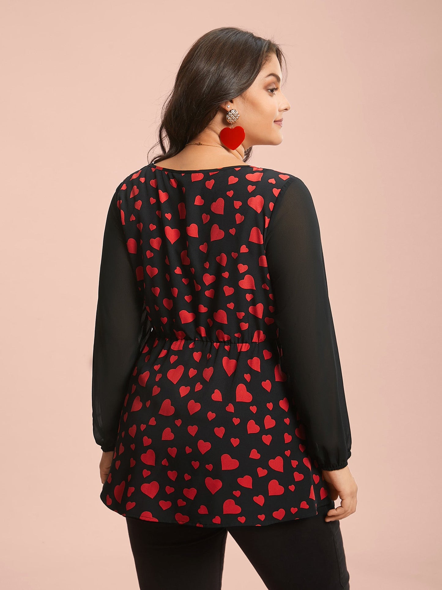 Heart Print Patchwork Waist-Tie Blouse
