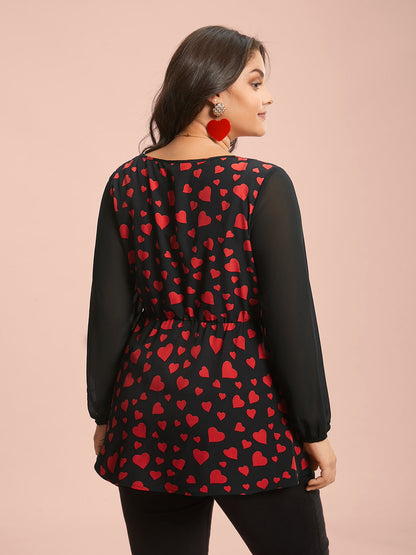 Heart Print Patchwork Waist-Tie Blouse