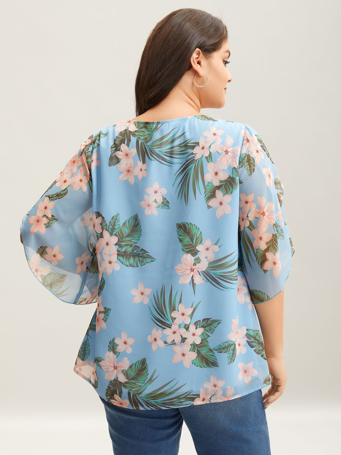 Petal Sleeve Floral Round Neck Shirt