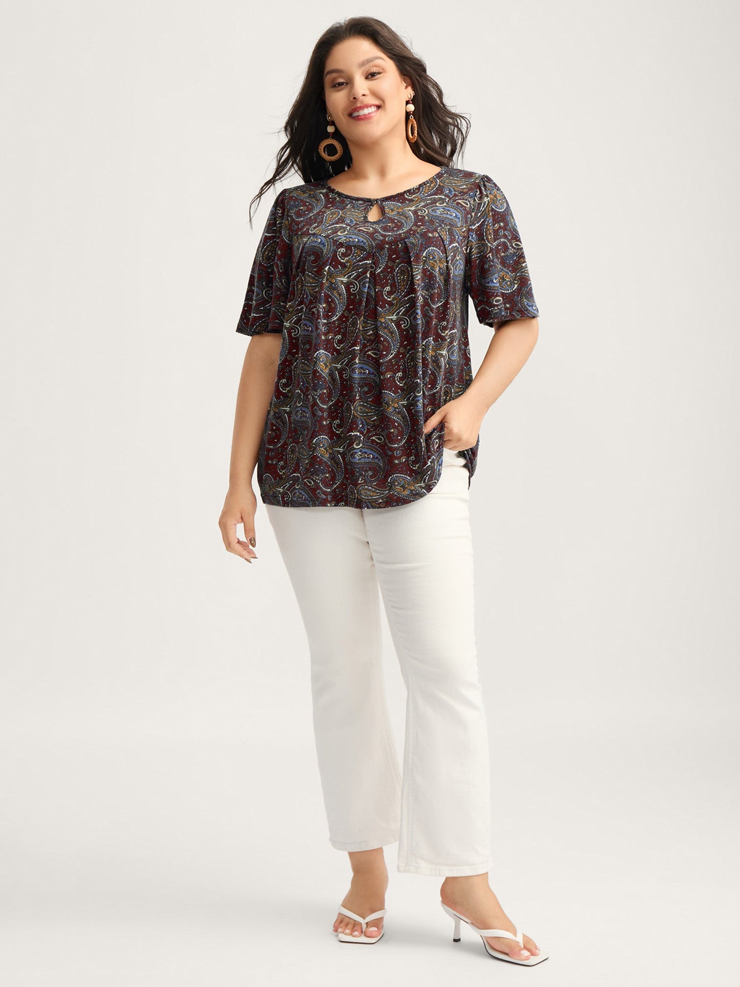 Paisley Print Neck Cut-Out Pleated Top