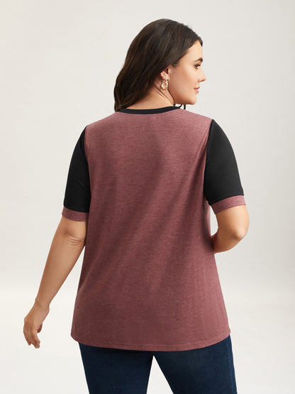 Stretchy Scalloped Lace Color Contrast T-Shirt