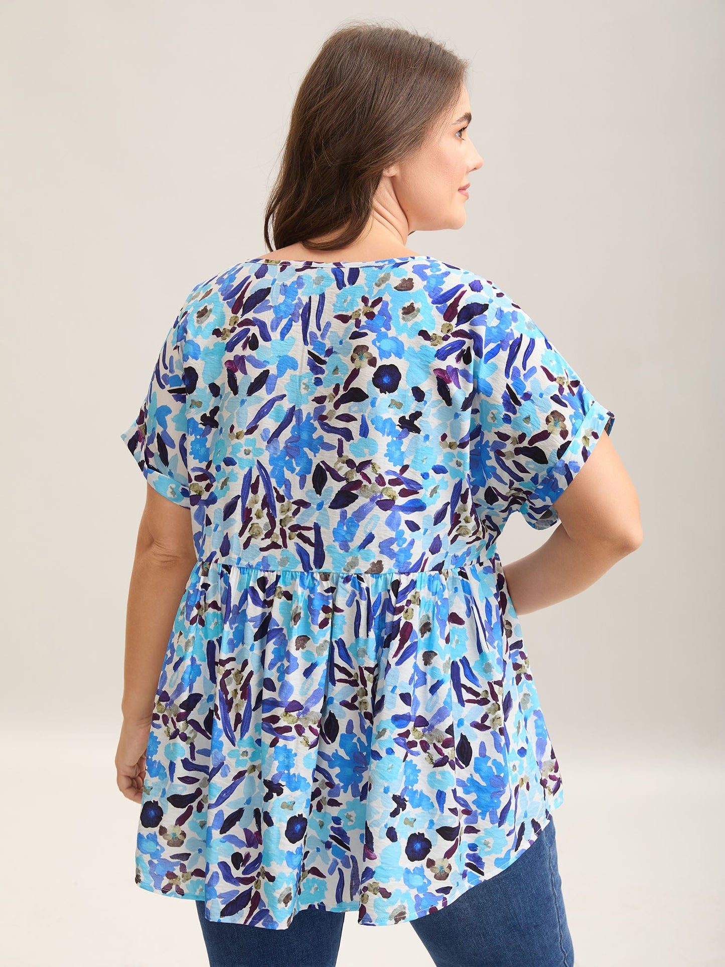Fruit Print Curved Hem Batwing Sleeve Blouse