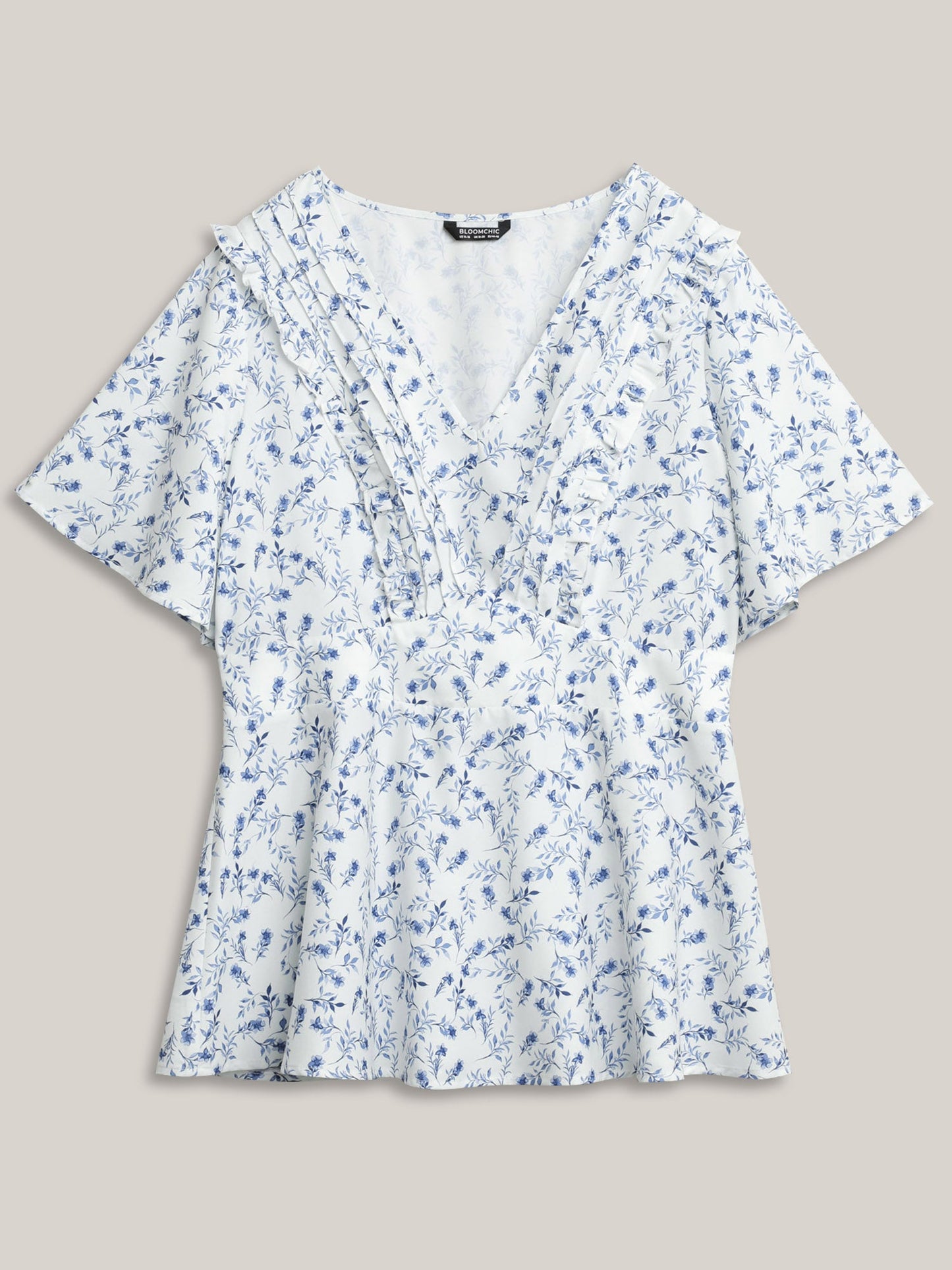 Floral Pleated Elastic Waist Ruffle Sleeve Blouse