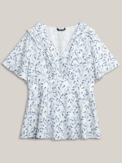 Floral Pleated Elastic Waist Ruffle Sleeve Blouse