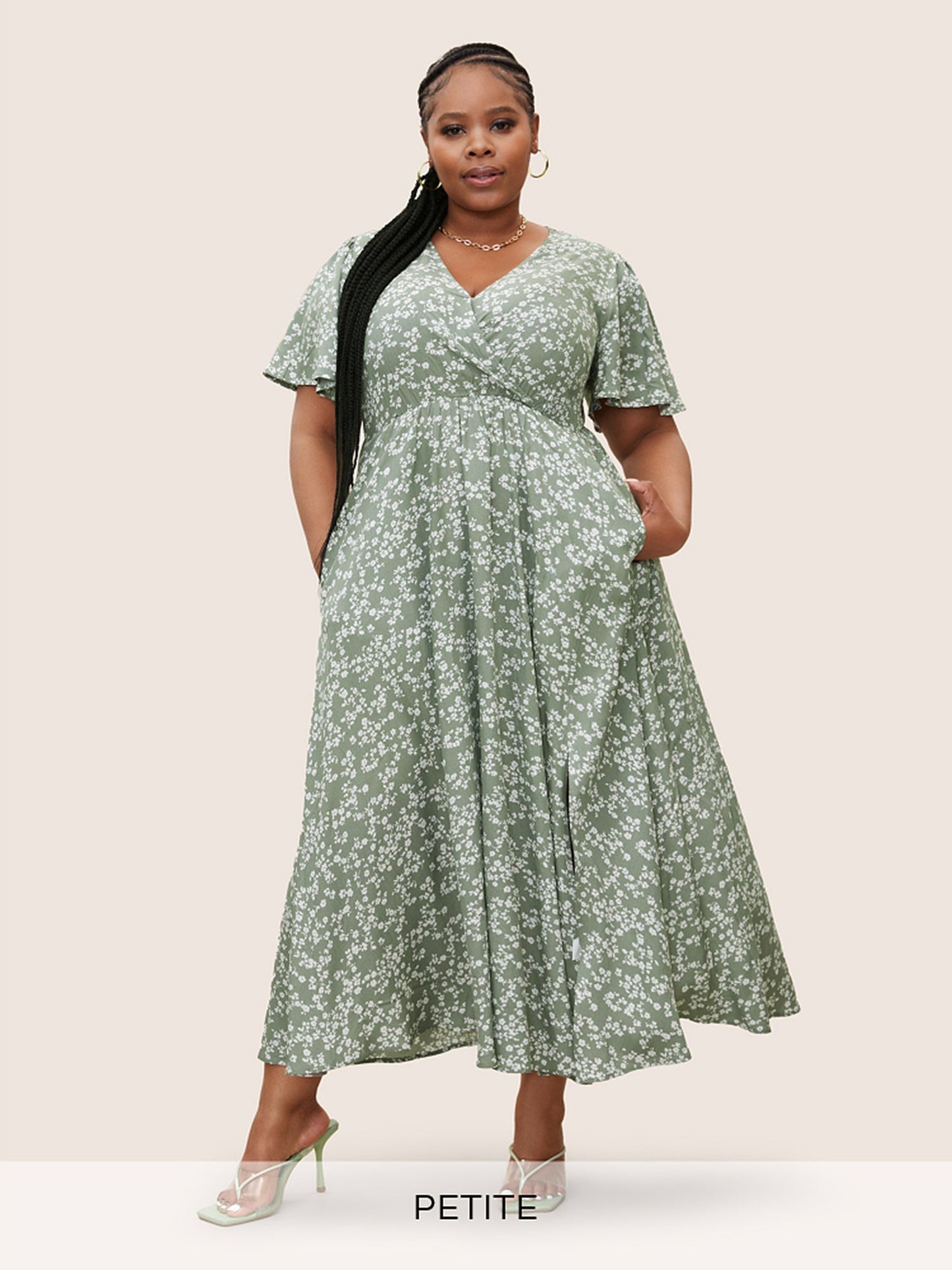 Bloom Dress - Flutter Sleeve Ditsy Floral Pocket Split Maxi Dress