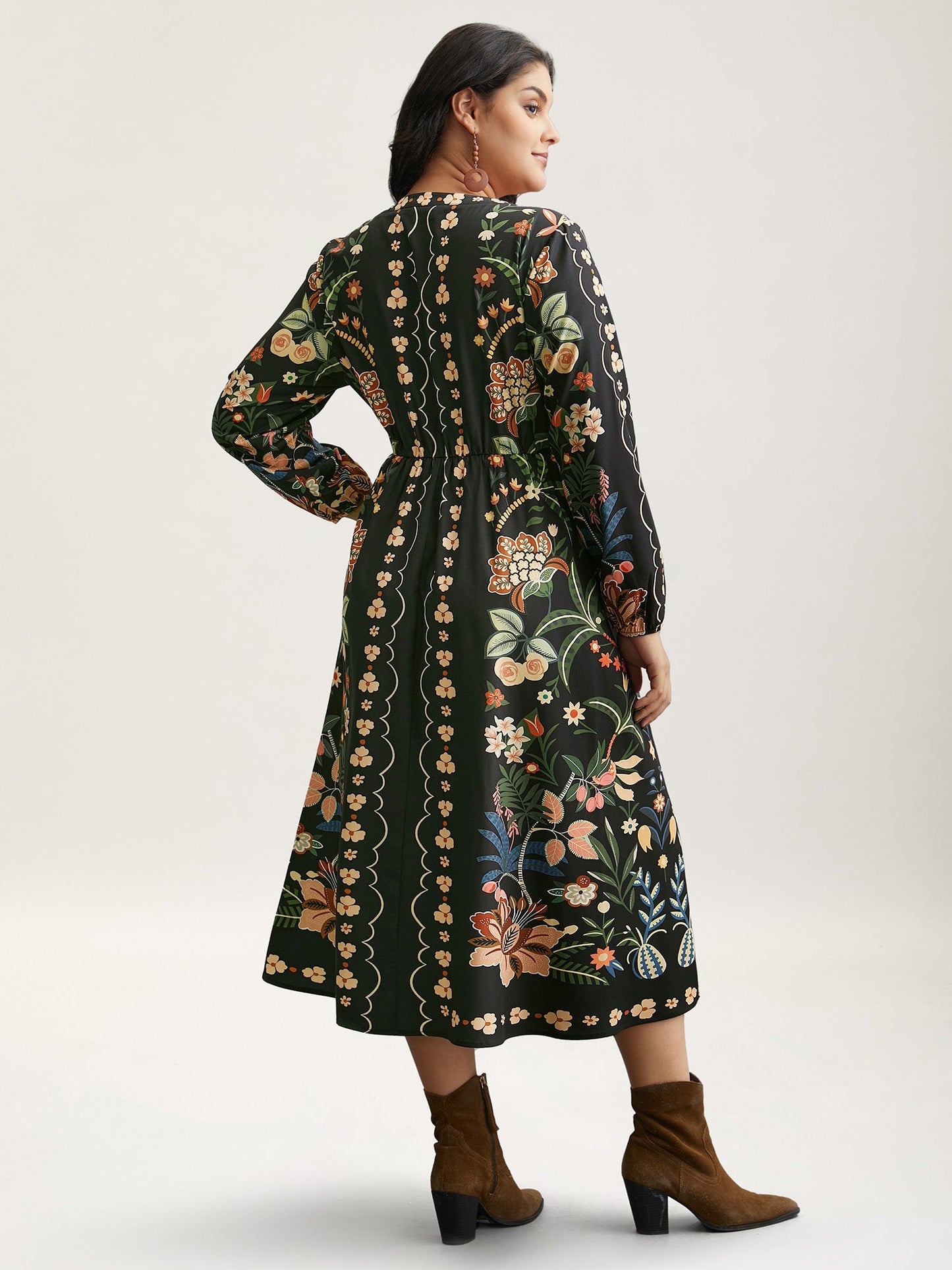 Floral Print Notched Collar Elastic Waist Dress