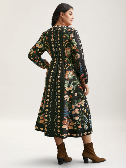 Floral Print Notched Collar Elastic Waist Dress