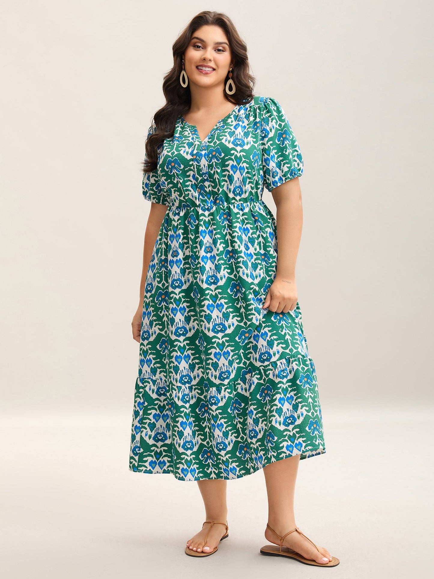 Boho Pattern Stretchy Waist Pockets Midi Dress