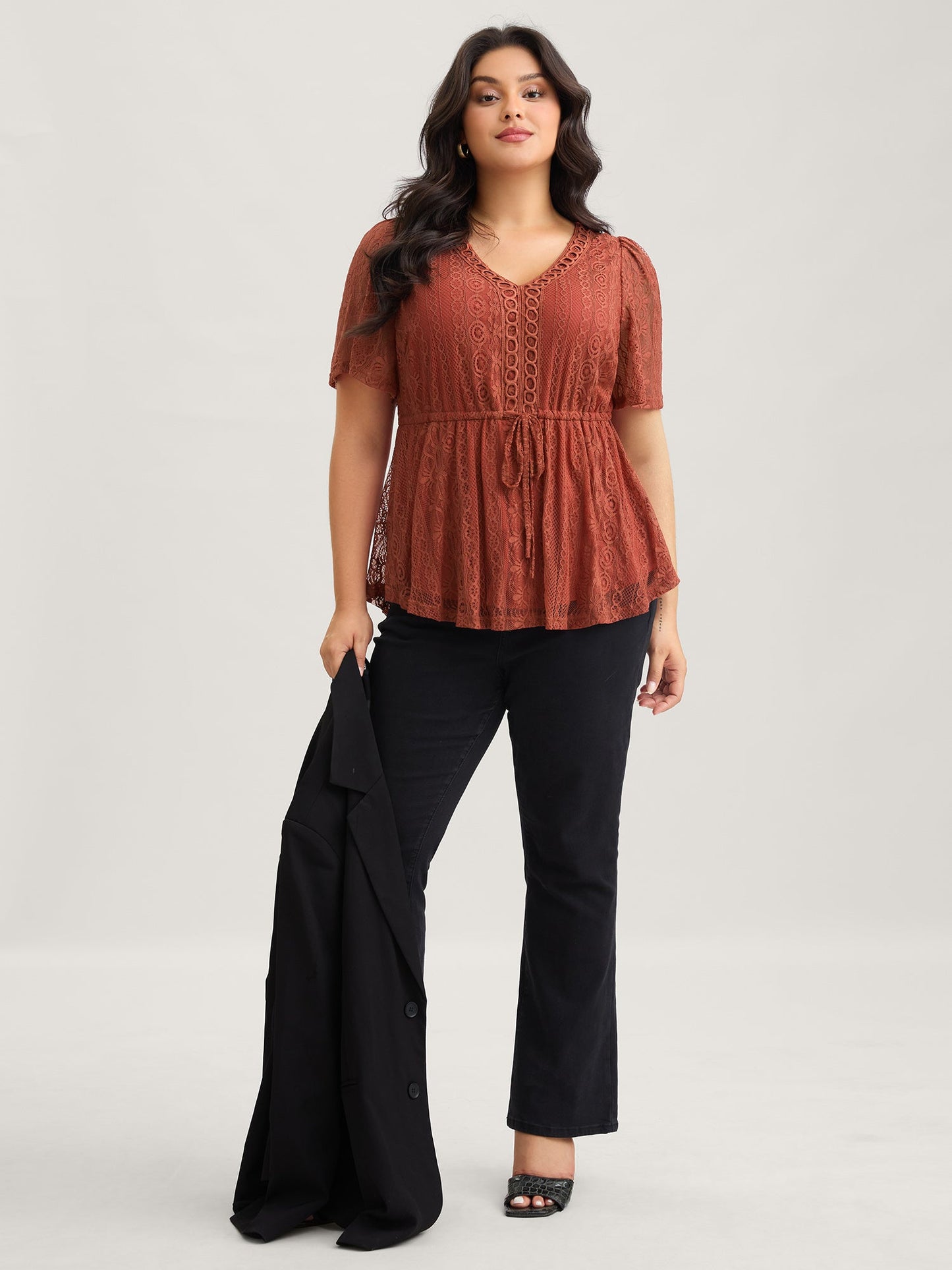 V Neck Lace Panel Drawstring Blouse