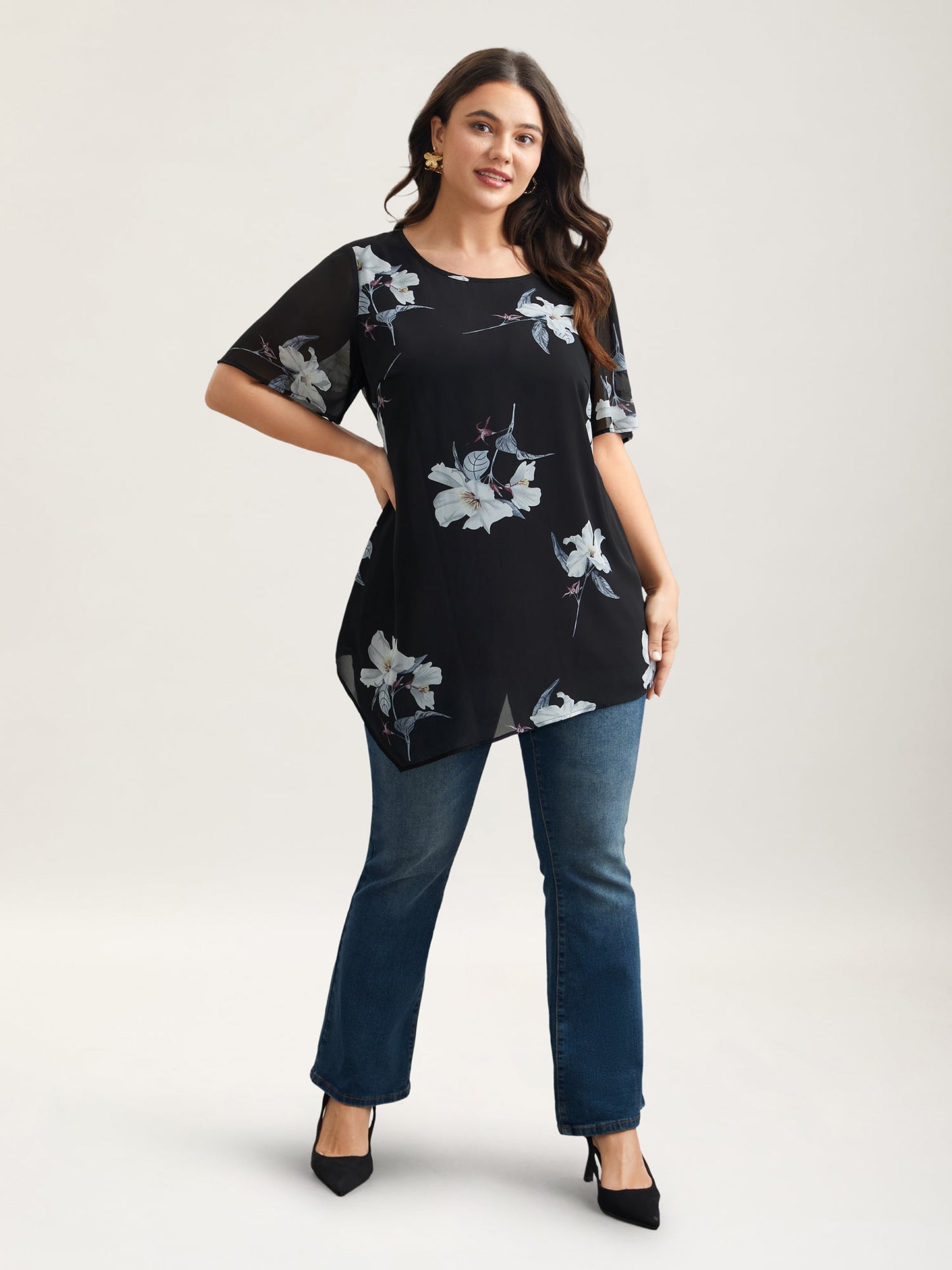Chiffon Floral Round Neck Shirt