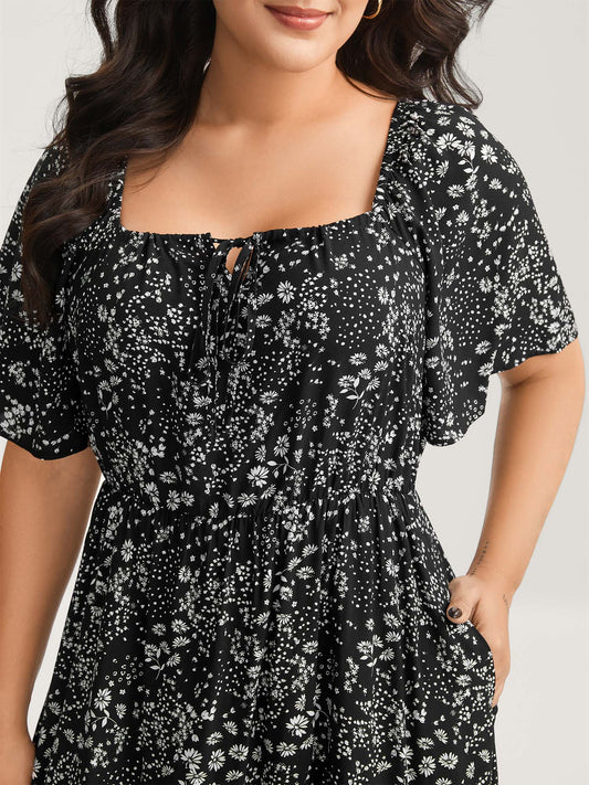 Floral Neck Drawstring Flared Sleeve Midi Dress