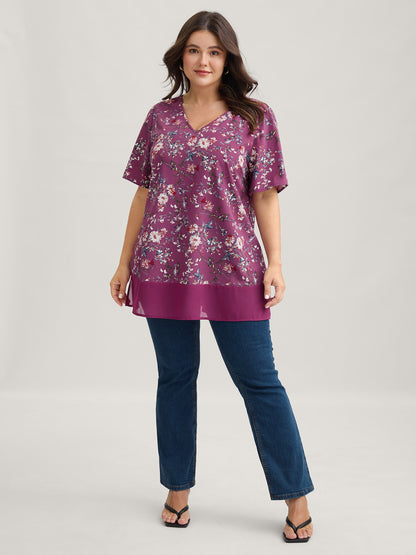 Garden Print Spliced V-Neck Blouse