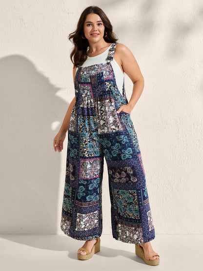 Boho Collage Patchwork Front Pockets Jumpsuit