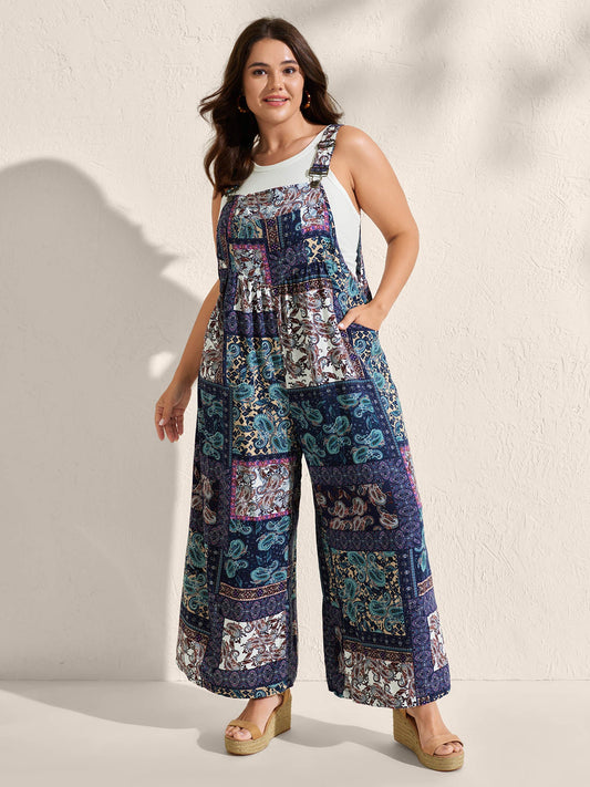 Boho Collage Patchwork Front Pockets Jumpsuit