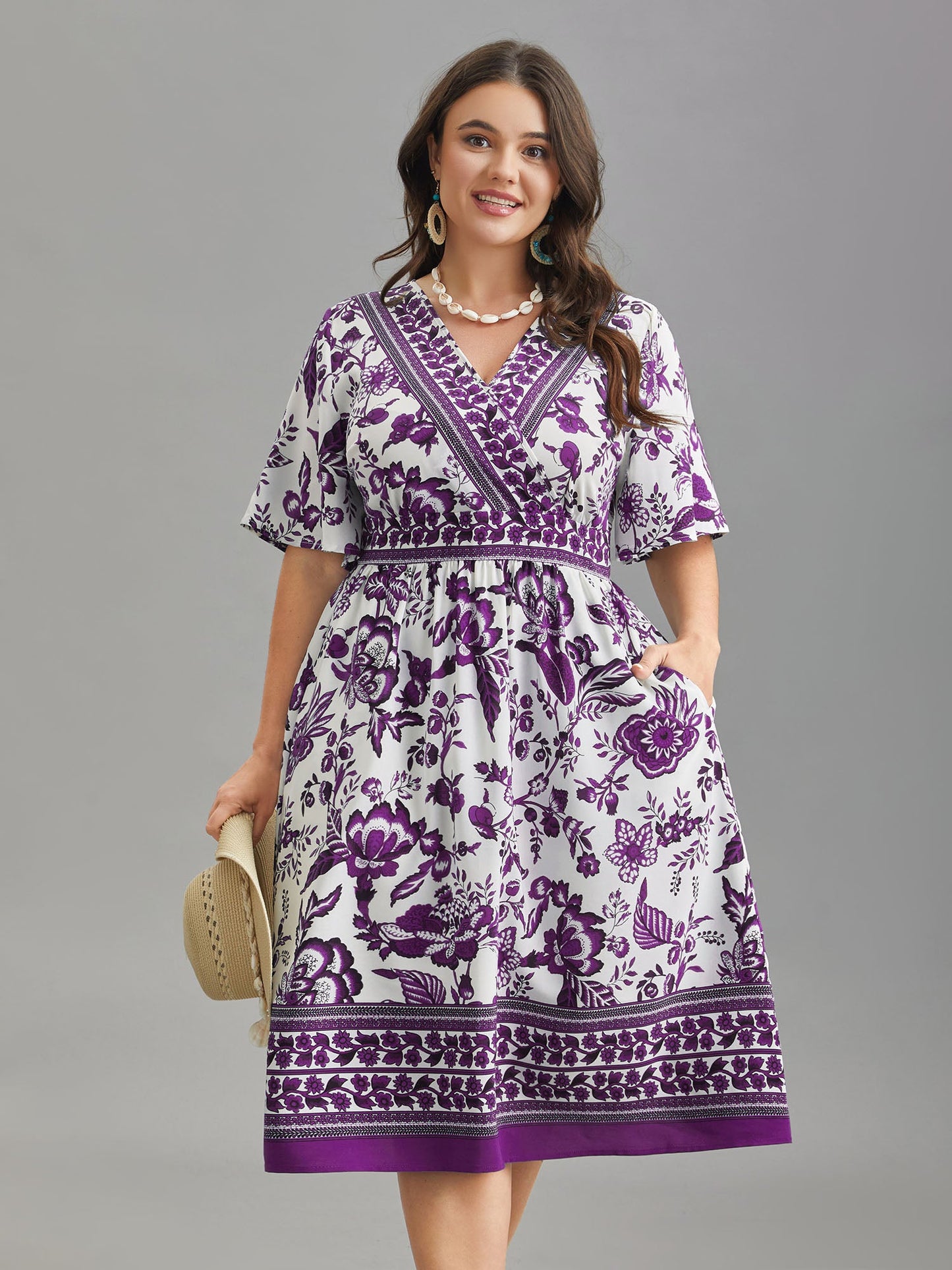 Floral Print Wrap-Neck Pocket Midi Dress