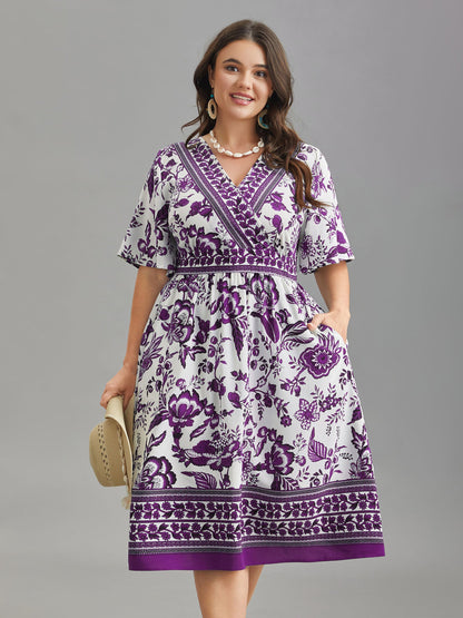 Floral Print Wrap-Neck Pocket Midi Dress