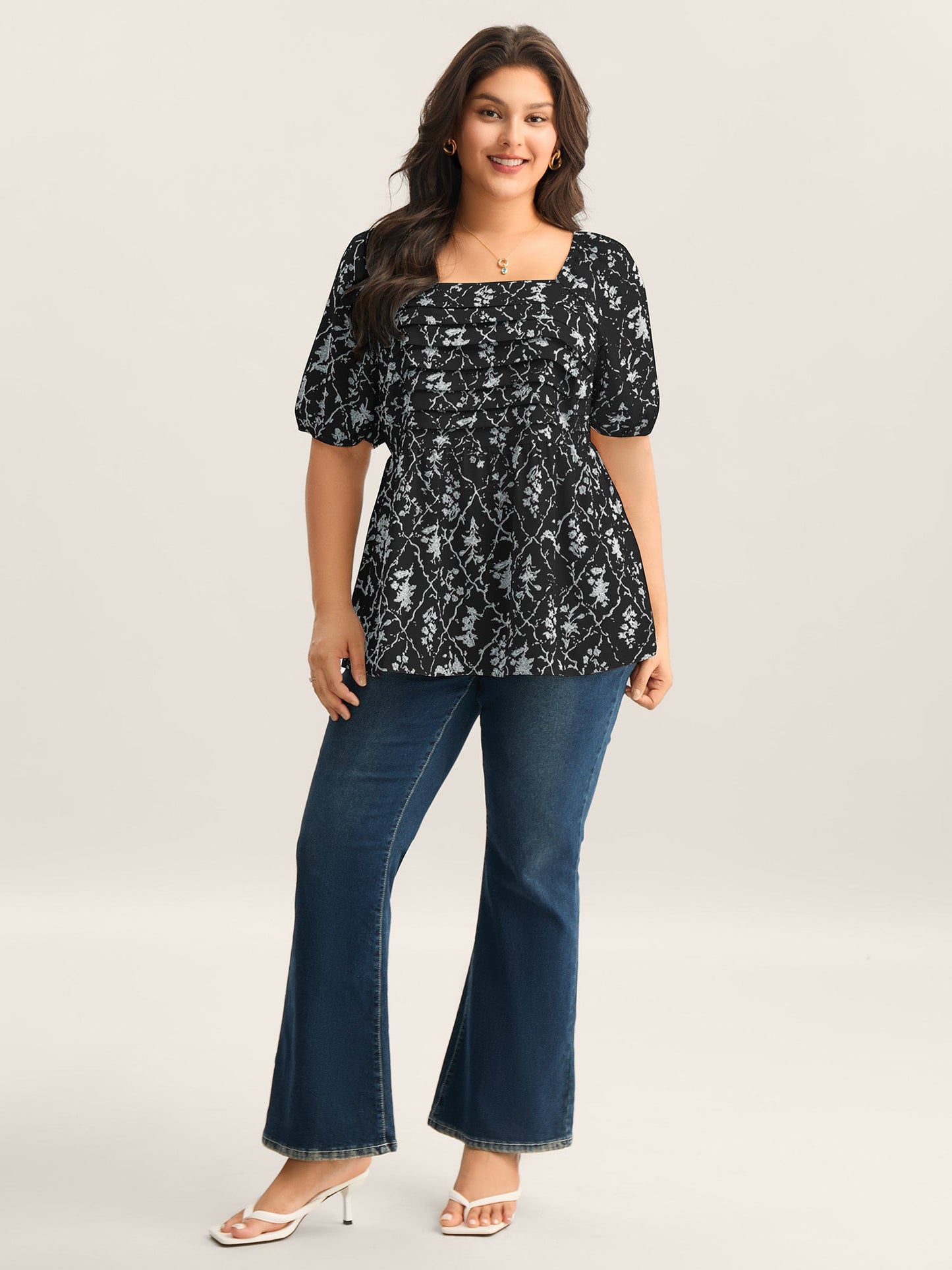 Floral Pleated Bodice Puffy Sleeve Blouse