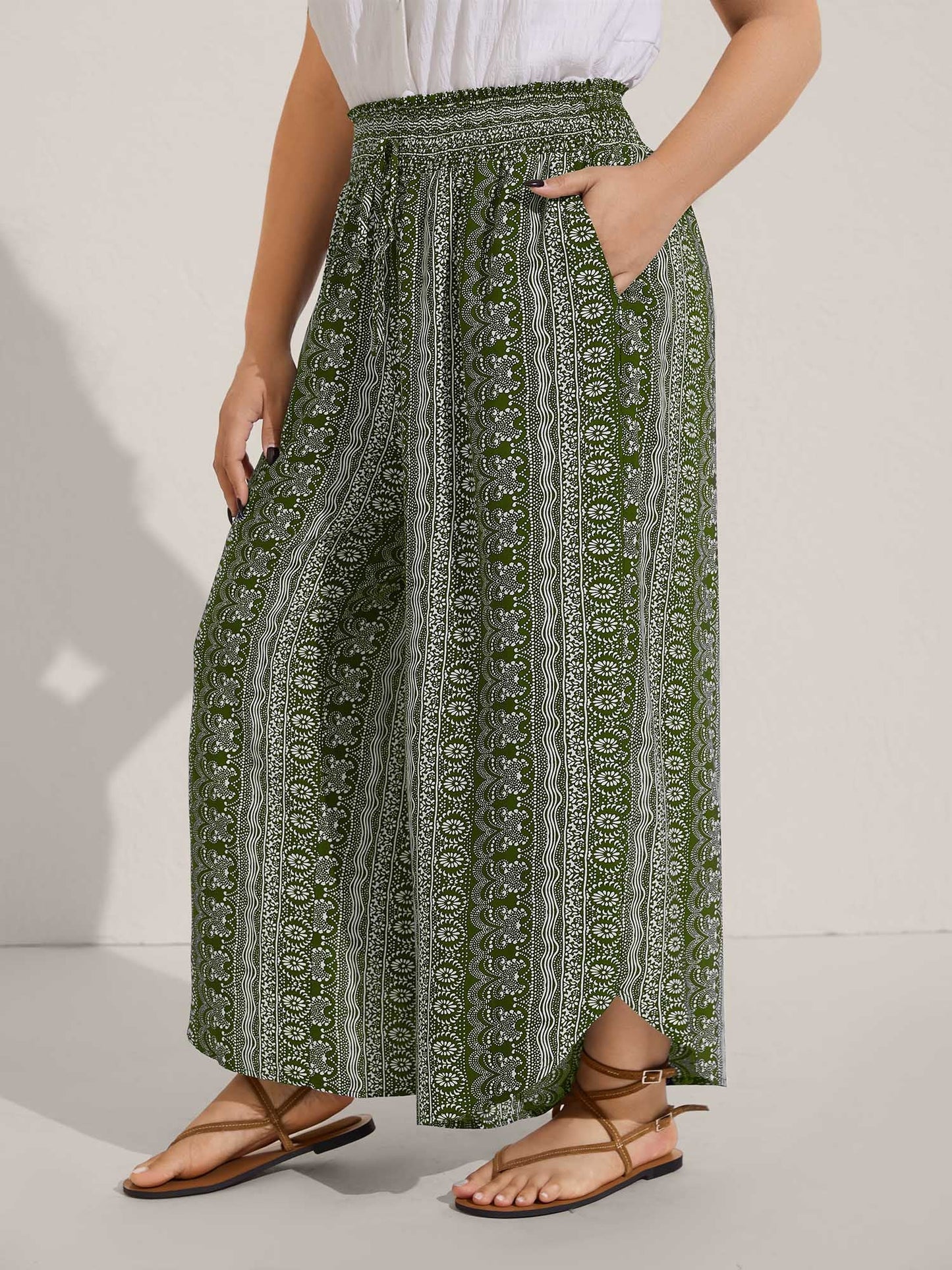 Boho Print Shirred Waist Wide-Leg Pants