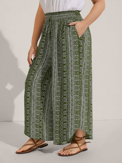 Boho Print Shirred Waist Wide-Leg Pants