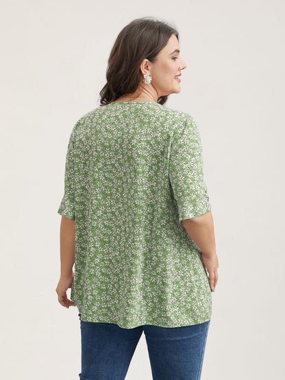 Ditsy Floral Pleated Flared Sleeve Shirt