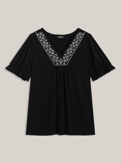 Embroidered V-Neck Puff Sleeve Plain Top
