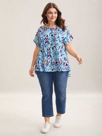 Fruit Print Curved Hem Batwing Sleeve Blouse