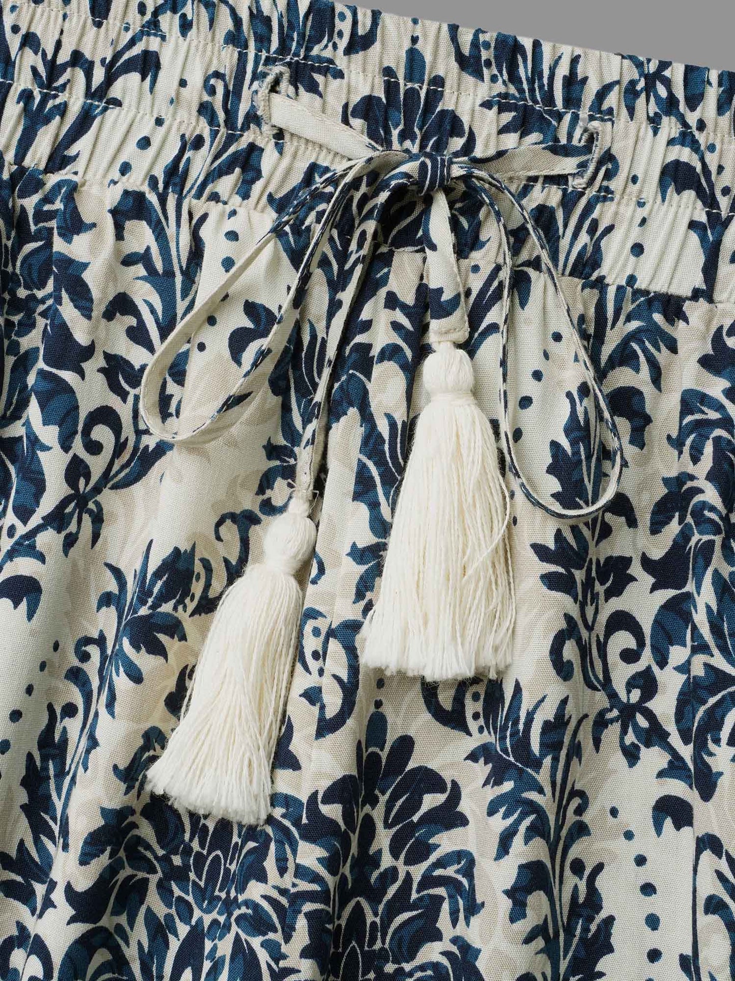 Damask Print Tassel Straight-Leg Pants