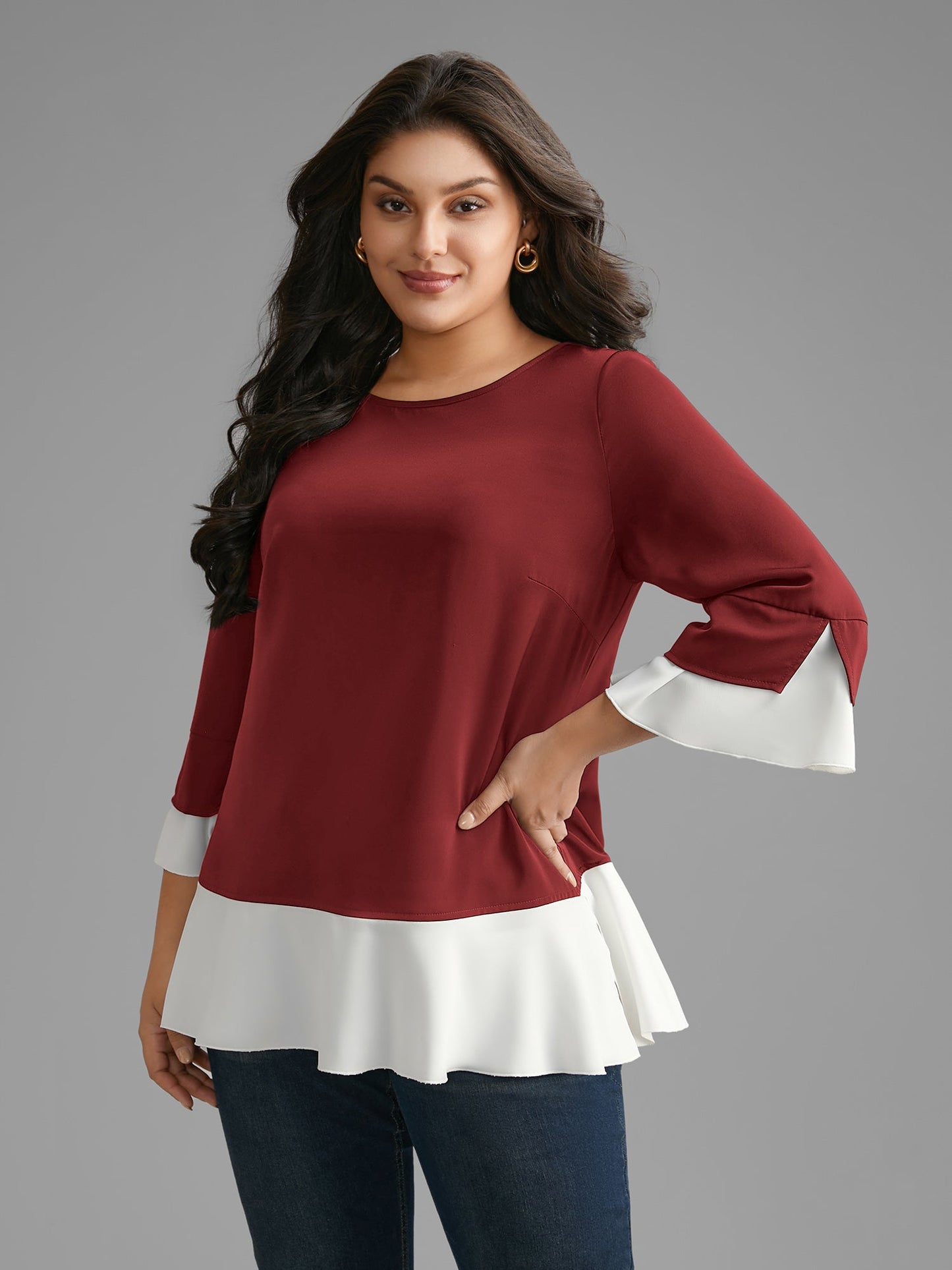 Contrast Patchwork Bell Sleeve Blouse