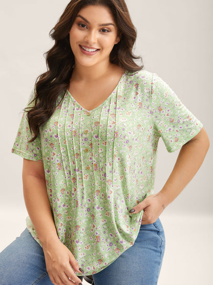 Floral Print Plicated Detail T-Shirt