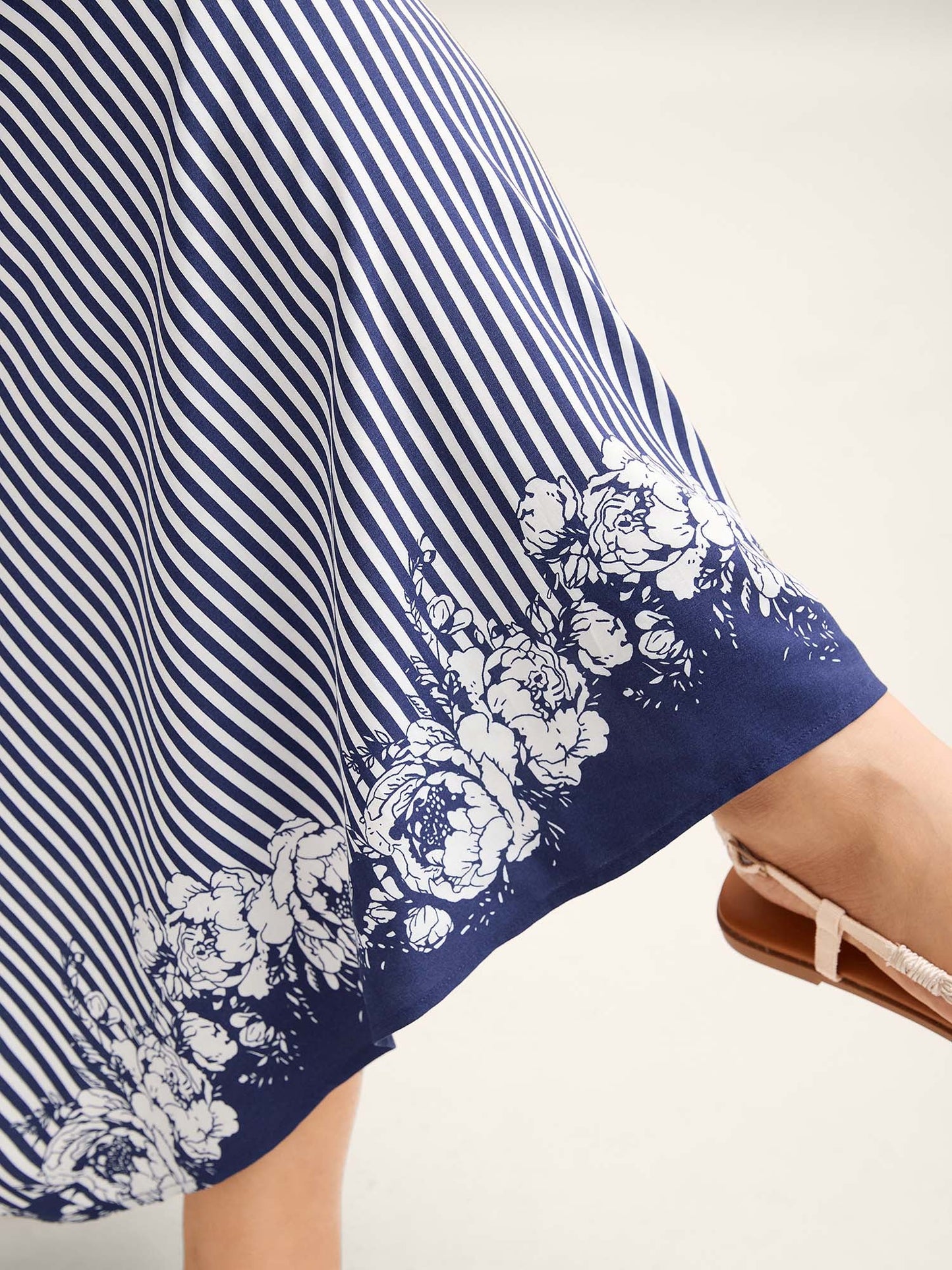 Stripes Cinched-Waist Floral Hem Maxi Dress