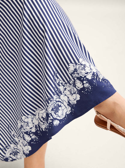 Stripes Cinched-Waist Floral Hem Maxi Dress