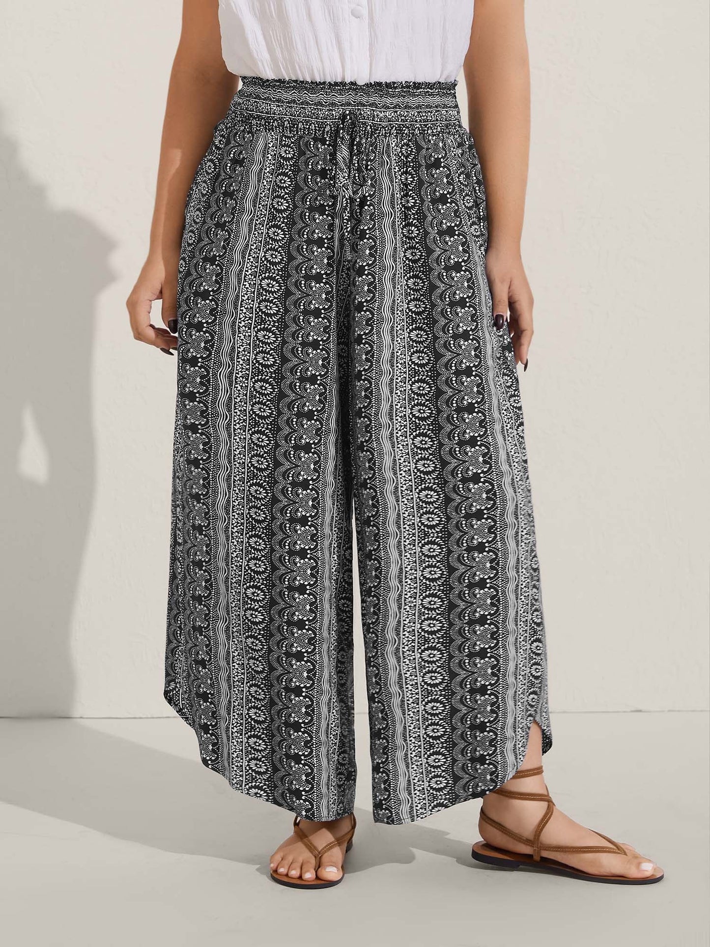 Boho Print Shirred Waist Wide-Leg Pants