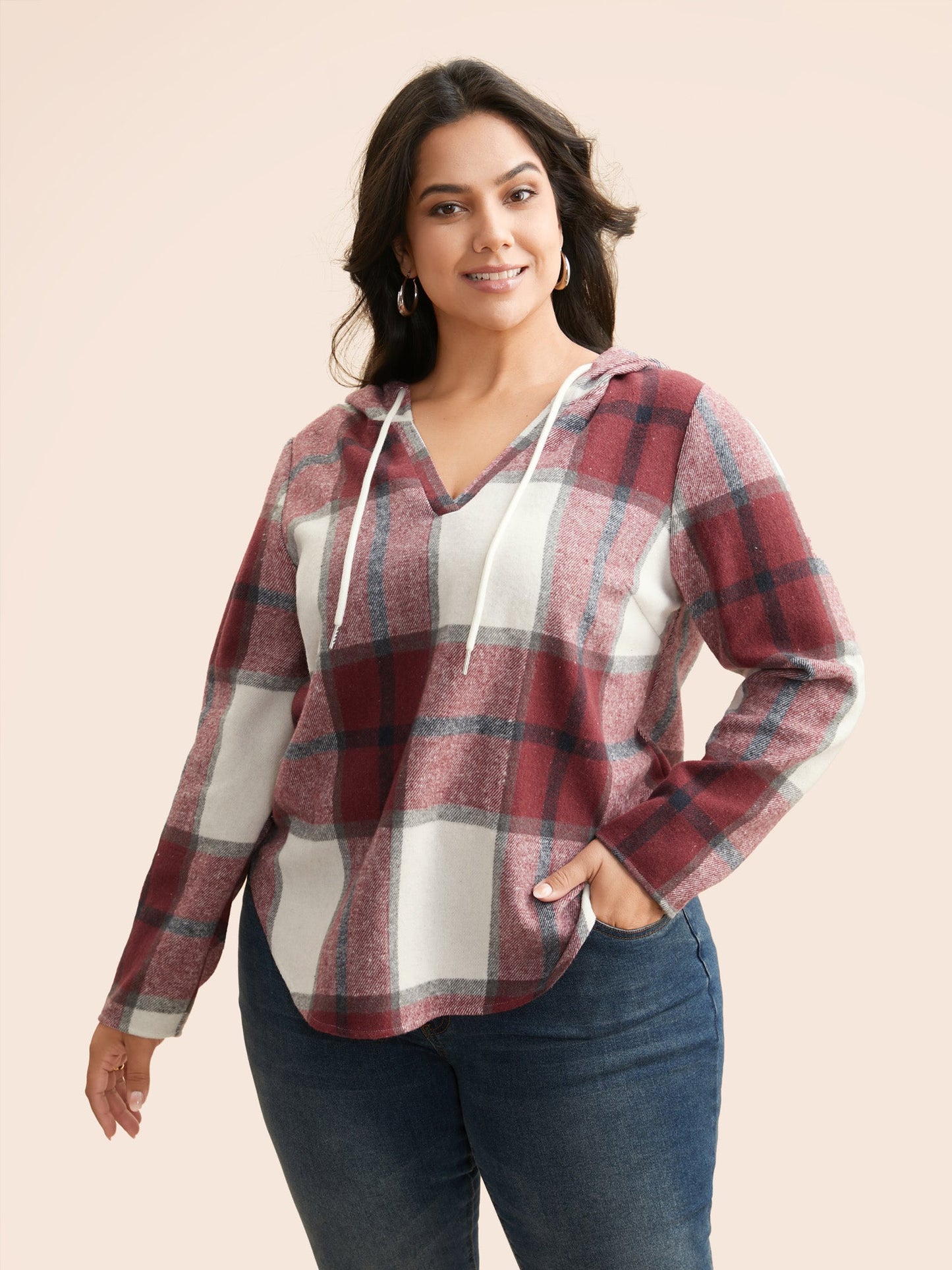 Brushed Fabric Plaid Hooded Sweatshirt