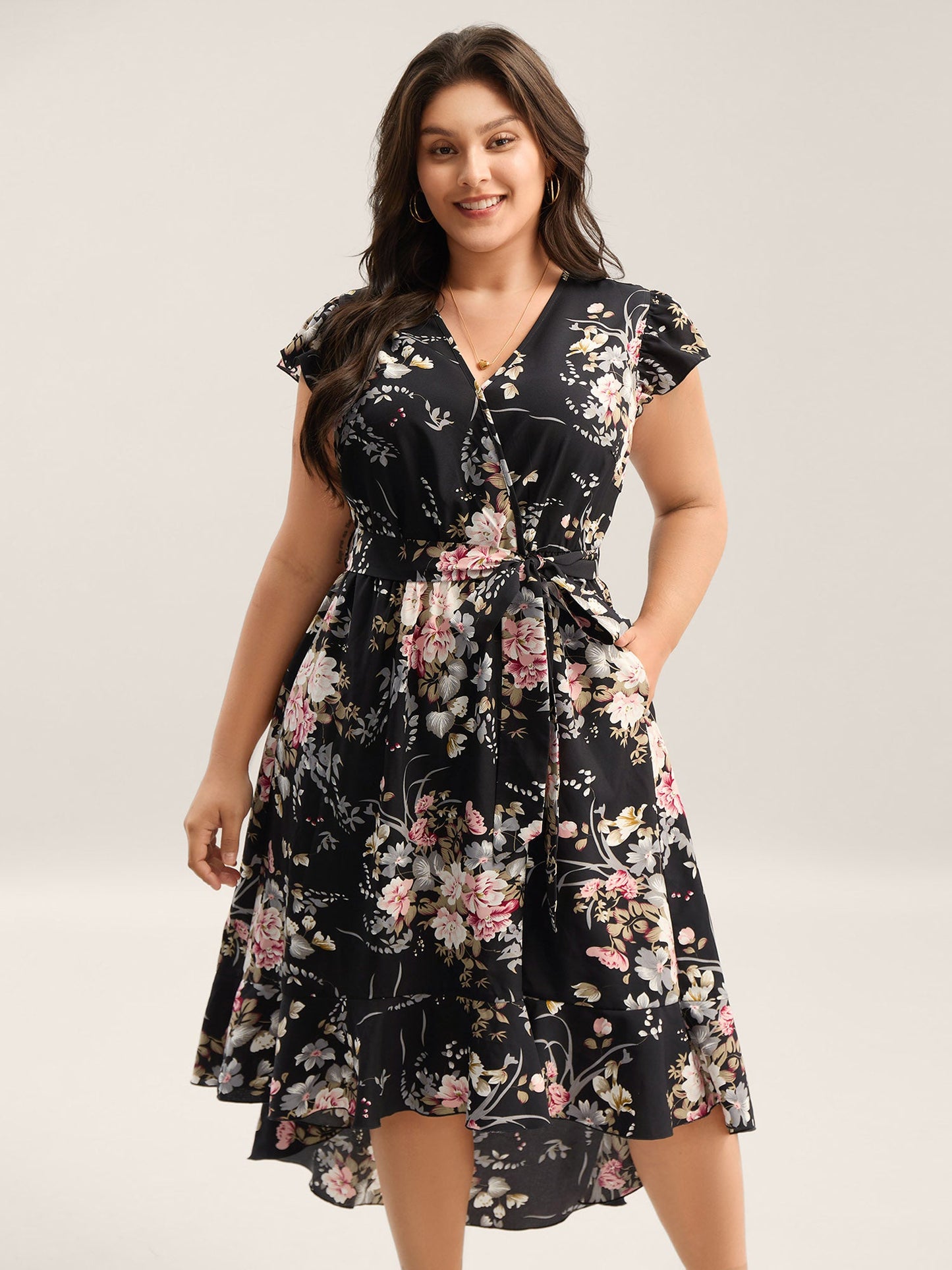 Midnight Blooms Wrap A-Line Midi Dress