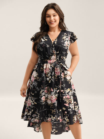 Midnight Blooms Wrap A-Line Midi Dress