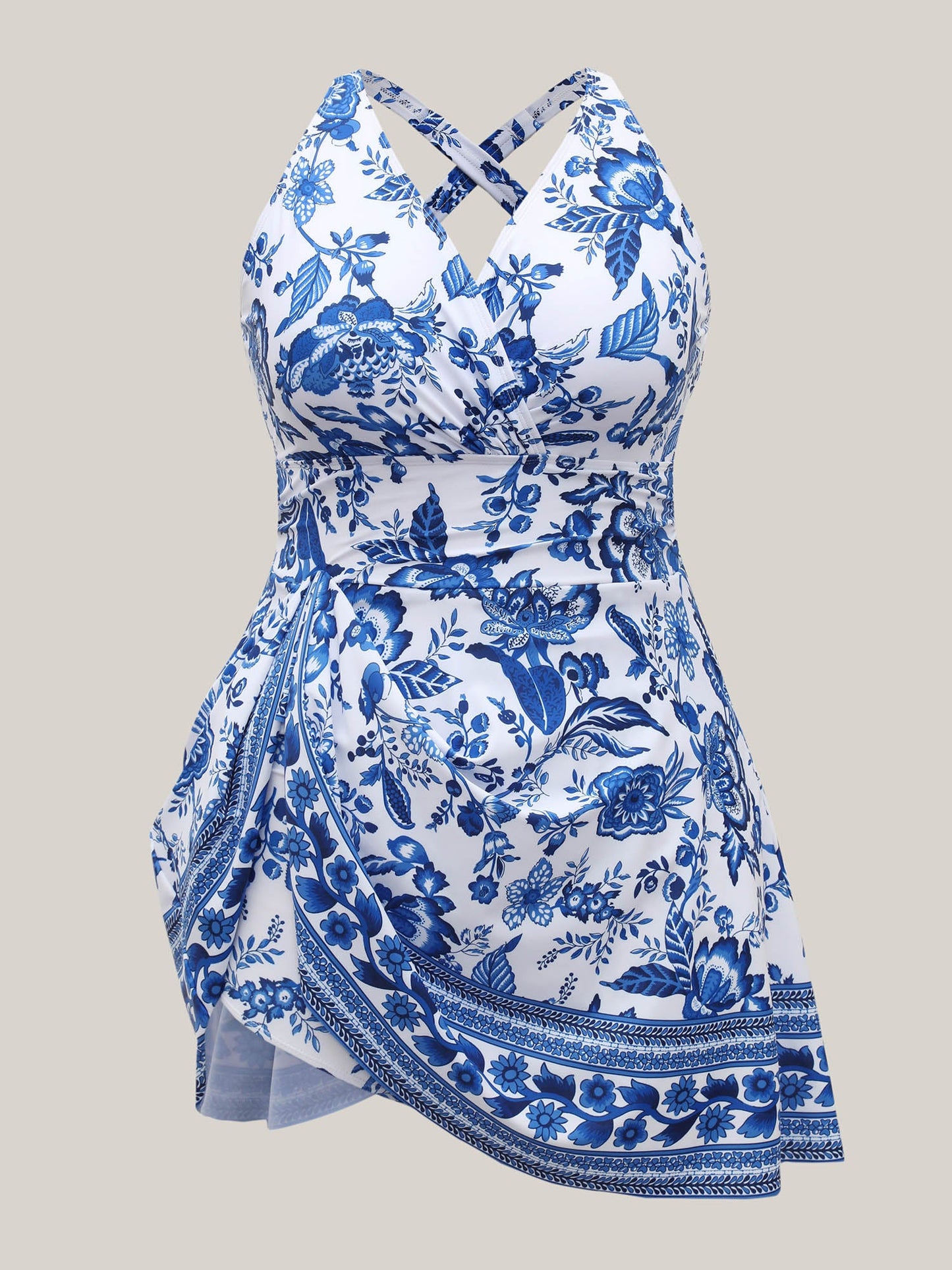 Boho Print Ruched Pockets Swim Dress