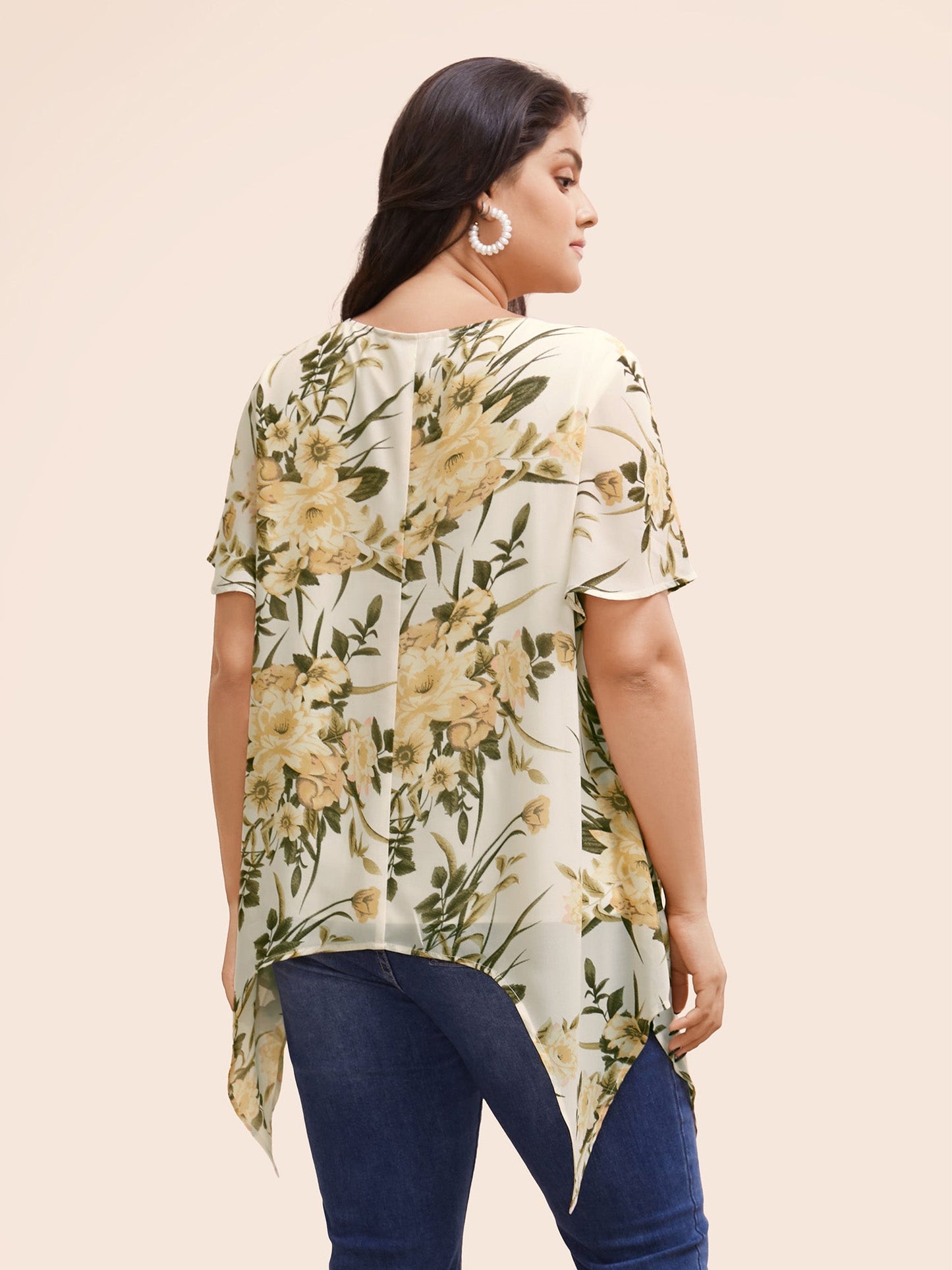 Chiffon Floral Crisscross Hanky Hem Blouse
