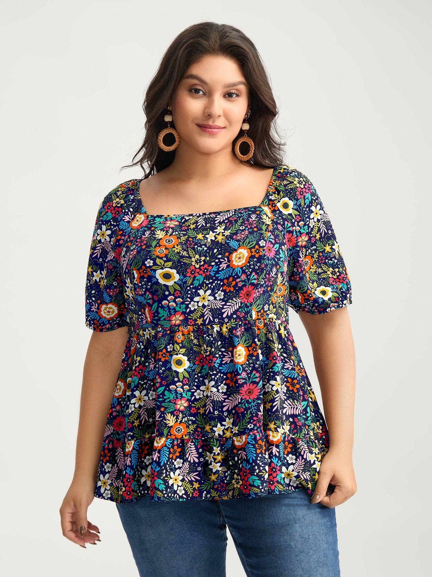 Floral Square Neck Fit and Flare Blouse