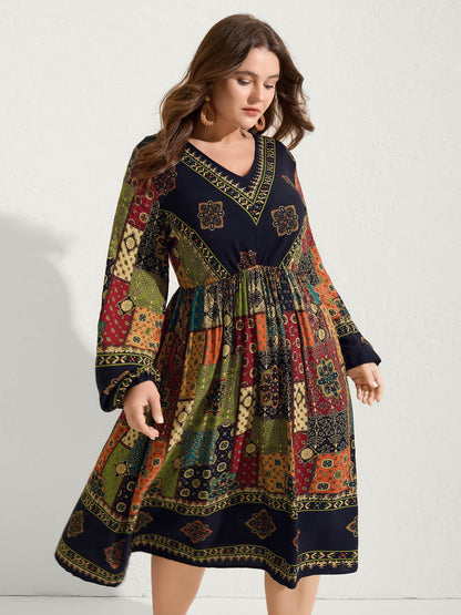 Retro Colorful Print V-Neck Midi Dress