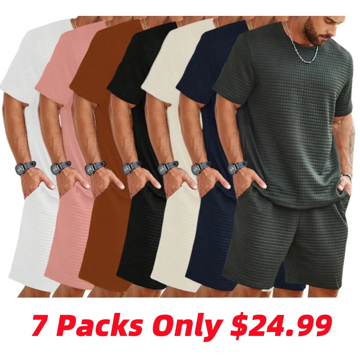 Two-Piece Set Men's Solid Waffle Knit Short Sleeve Tee & Pocket Shorts Set