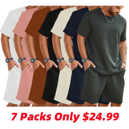 Two-Piece Set Men's Solid Waffle Knit Short Sleeve Tee & Pocket Shorts Set