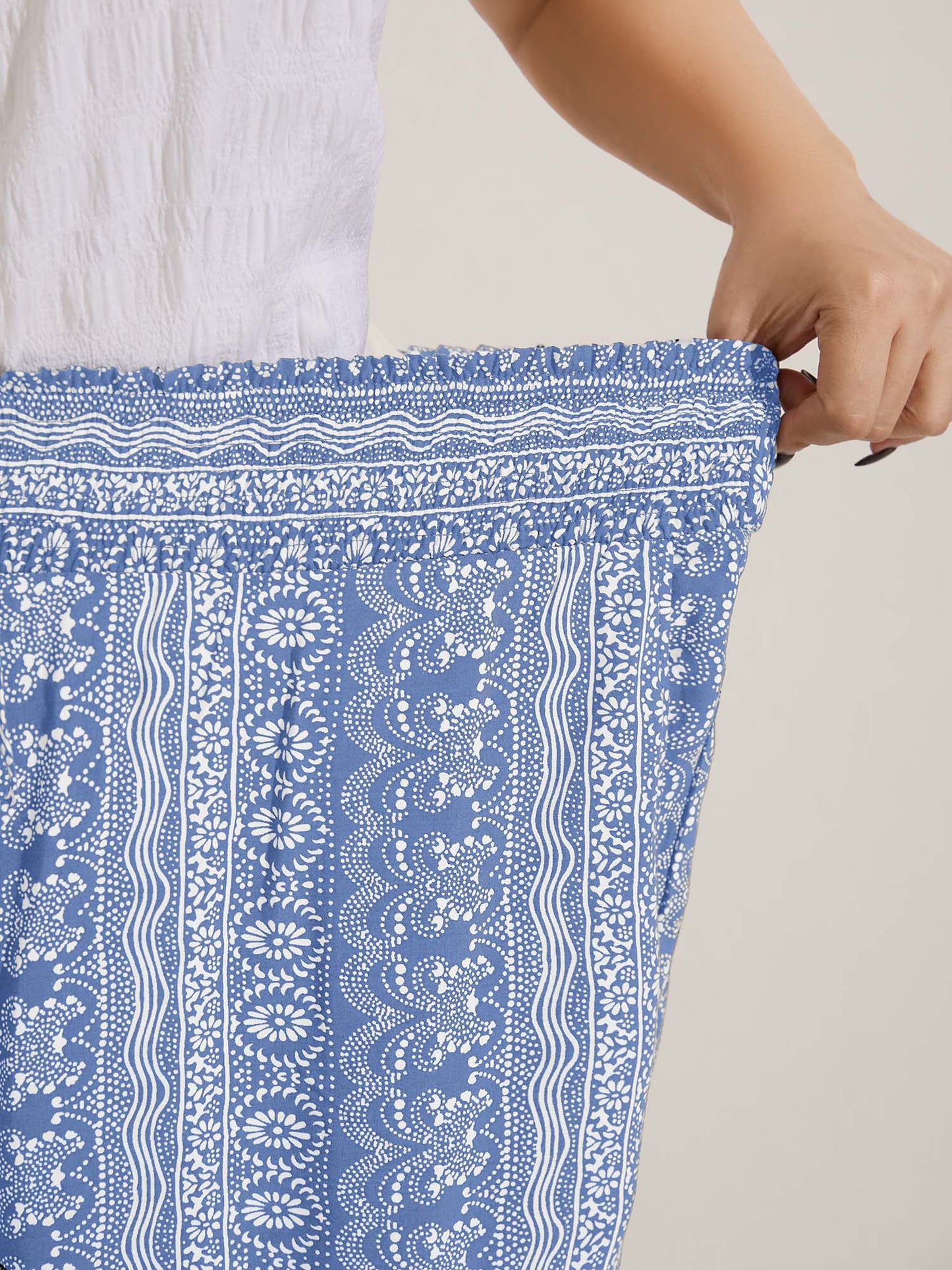 Boho Print Shirred Waist Wide-Leg Pants