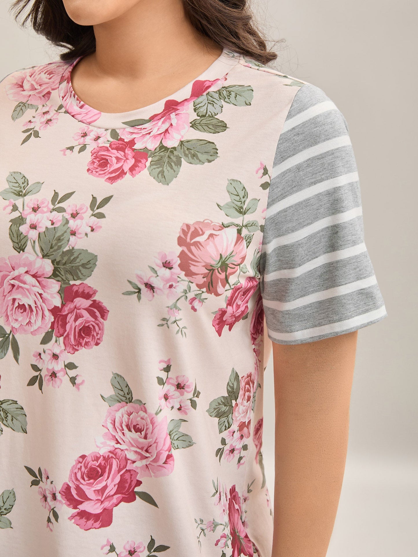 Floral Striped Stretchy Crew Neck T-Shirt