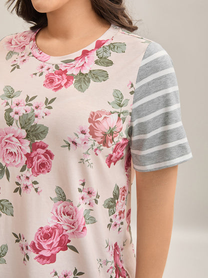 Floral Striped Stretchy Crew Neck T-Shirt