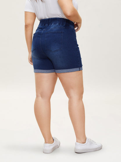 Distressed Drawstring Roll Hem Denim Shorts